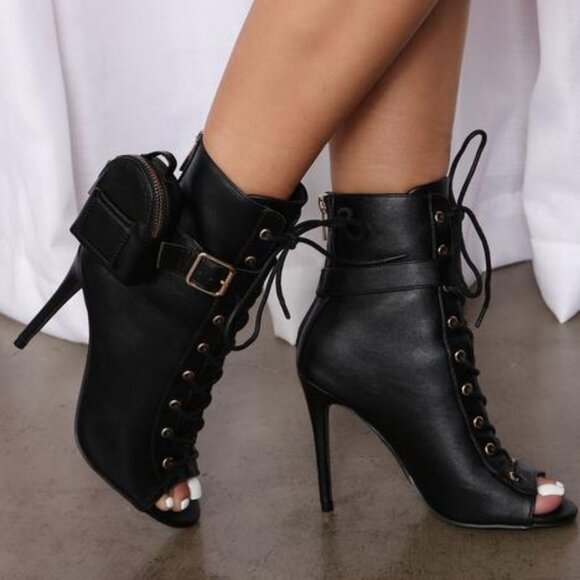 Peep Me Out Toe Booties - Black - Picture 1 of 6